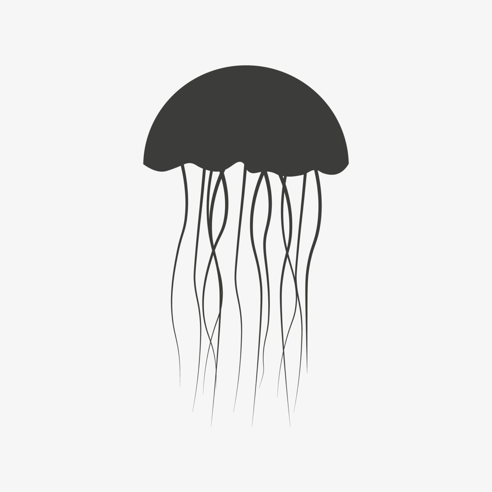 Black minimalist jellyfish illustration with long tentacles, representing marine life, ocean safety, and jellyfish sting first aid awareness